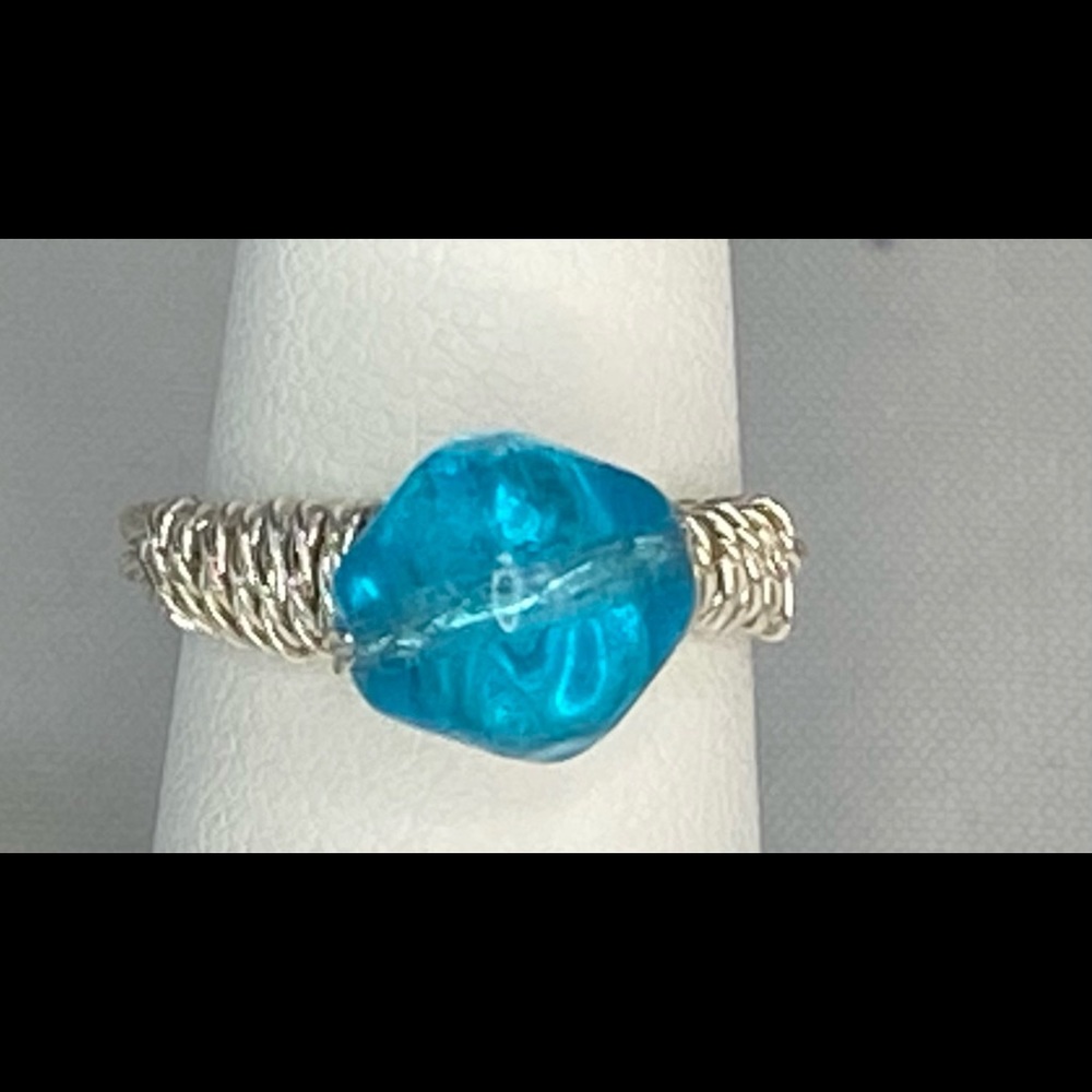 Handmade Ring Glass Bead Silver Tone Wire